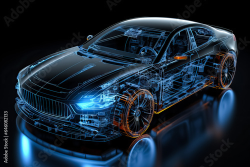 Black background 3D illustration of wireframe modern car with high-tech user interface details 