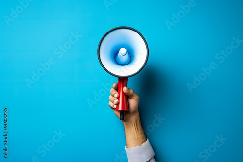 Business Hand with megaphone sticking out of wall advertises job openings on blue background 