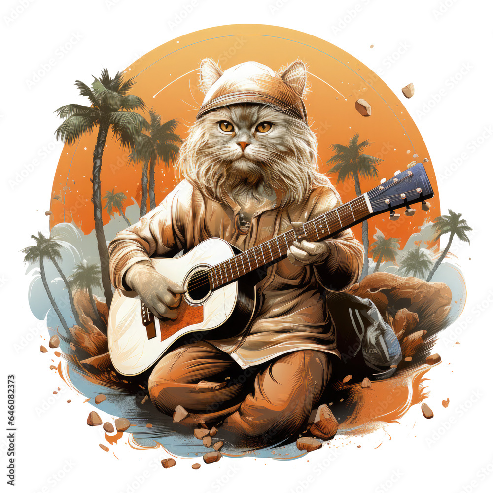 A captivating persian cat guitar t-shirt design set in a mystical desert oasis, where a guitarist plays beneath a canopy of starlit palm trees, Generative Ai A captivating persian cat guitar t-shirt design set in a mystical desert oasis, where a guitarist plays beneath a canopy of starlit palm trees, Generative Ai
