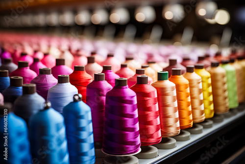 Colorful thread reels at modern automated sewing or embroidery machine in textile factory  photo