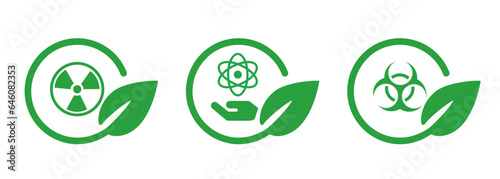 Hazardous biological biohazard atomic radioactive green leaf leaves set icon of green safe eco friendly symbol