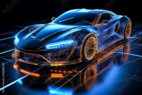 Custom LED lit futuristic sports car intersecting with wireframe in a 3D illustration 