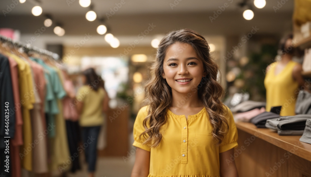 Smiling Little Girl Asian in Clothing Store