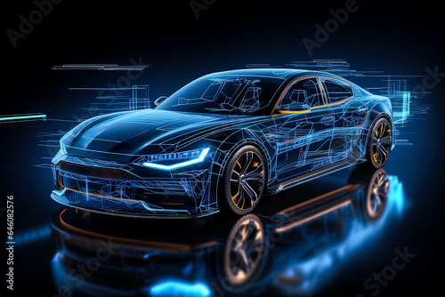 Frontside futuristic AR car wireframe concept featuring an augmented reality wireframe of a car with a blue background 