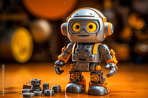 Friendly robot serviceman fixing maintenance concept with pliers wrench creative design toy cogs wheels gears silver metallic body yellow background Copy space 