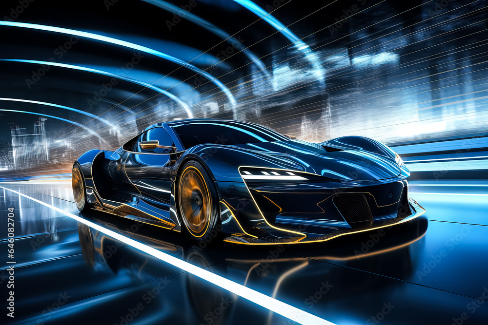 Illustration of a futuristic sports car racing through a wireframe intersection with high speed 