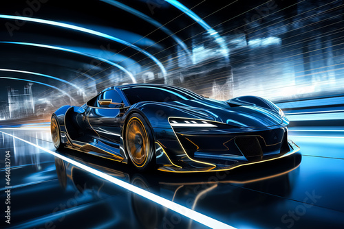 Illustration of a futuristic sports car racing through a wireframe intersection with high speed 