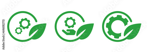Gear green leaf leaves set icon symbol of mechanical engineering engine factory with eco friendly environmental industrial
