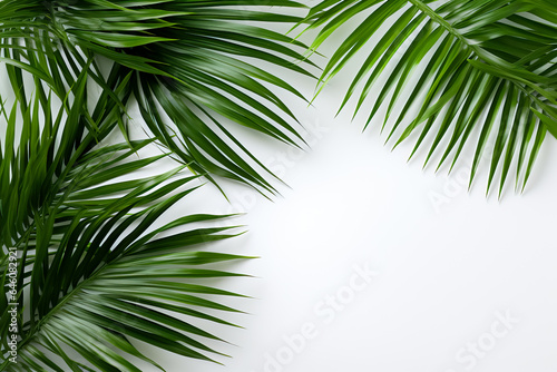Palm tree leaves create a texture overlay surrounded by fresh green tropical plants on a white background 