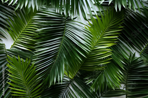 Palm tree leaves create a texture overlay surrounded by fresh green tropical plants on a white background © fotogurmespb