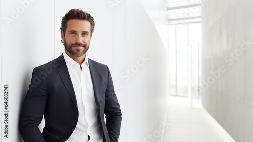 Portrait of handsome businessman standing in office, looking at camera, copy space