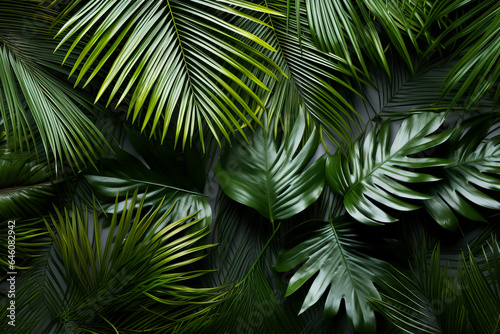 Palm tree leaves create a texture overlay surrounded by fresh green tropical plants on a white background 