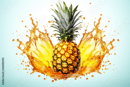 Pineapple falls into water creating splash on white background with crystal drops in AI generative illustration 