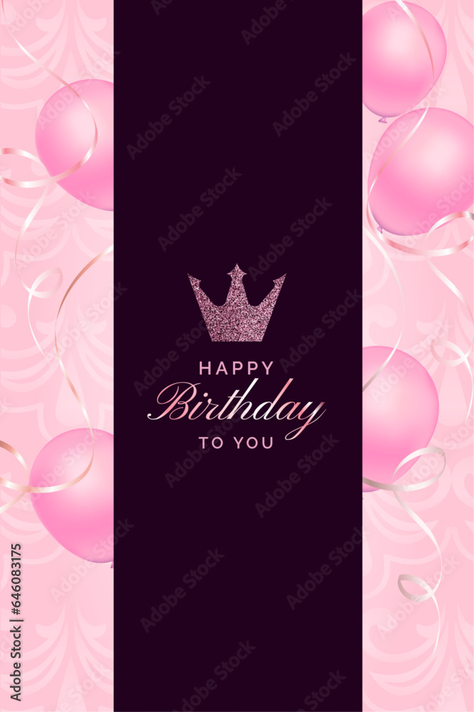 Elegant rose pink balloon and golden ribbon Happy Birthday celebration card banner template background