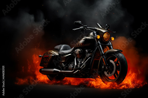 Side view 3D illustration of black motorcycle on dark background emitting smoke 