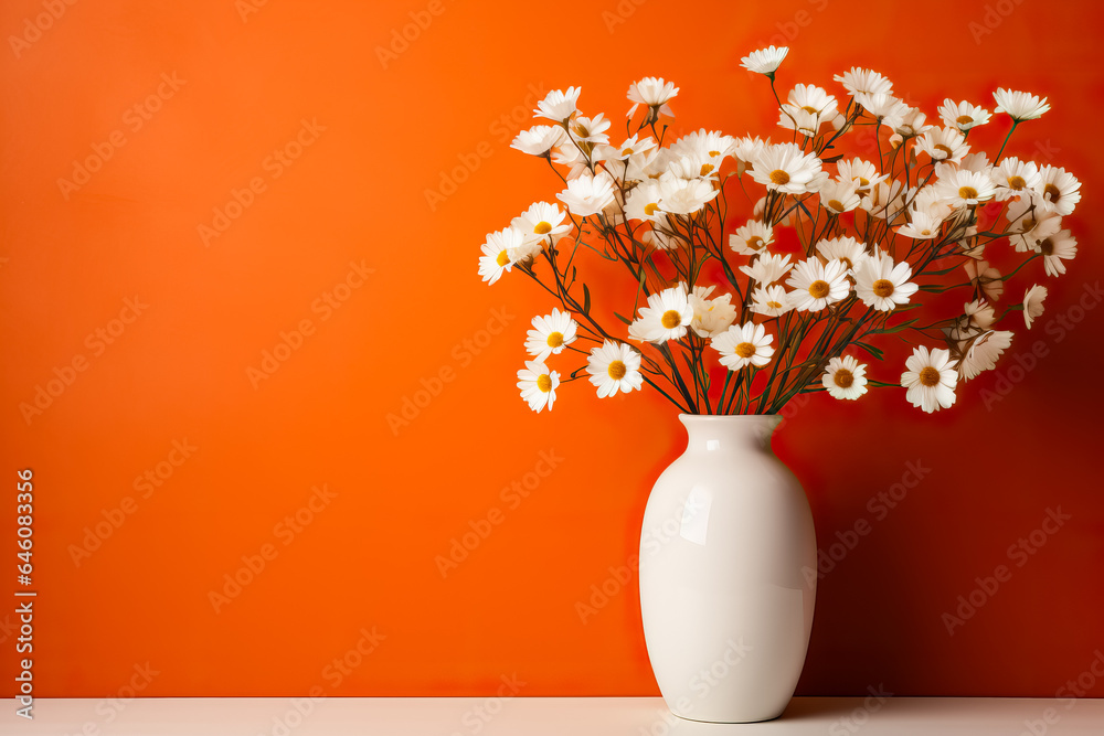 White flowers in a white vase with copy space on an orange background 