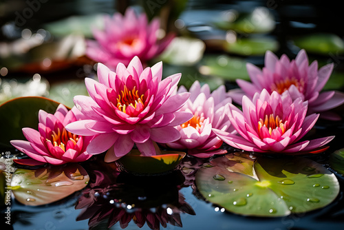 Water lilies used in natural pool for chemical-free water filtration and purification 