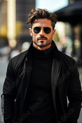 Young model wearing black t-shirt on street daylight hipster adult mockup for design print casual placement  © fotogurmespb