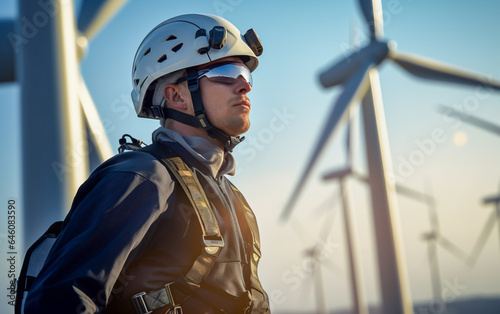 A worker standing on top of a wind turbine with a harness