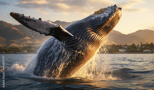 Whale jumping in water at sunset. AI generated © Alicina