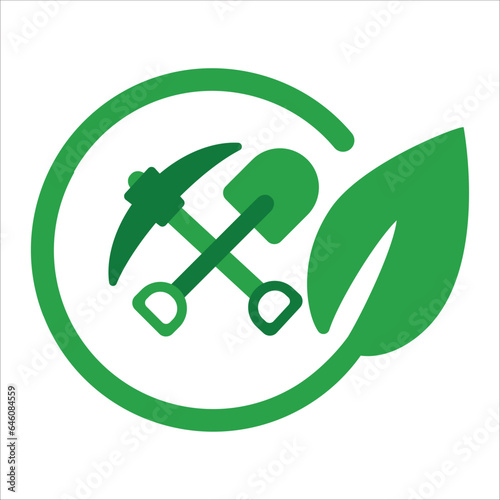 Good mining practice green eco environmental friendly pickaxe and shovel with leaf icon symbol excavation construction
