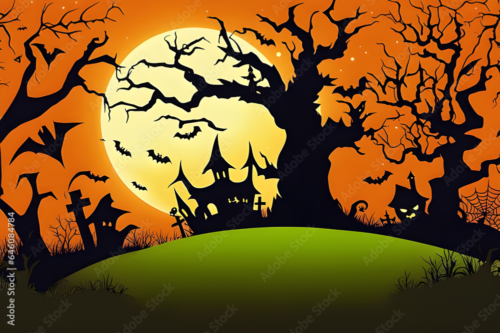 Halloween Hintergrund Haus mit Mond und Fledermäusen im dunkelen Wald