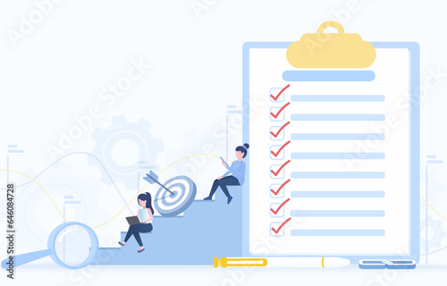 Business ideas and schedule plans concept. Business people with to do list template, reminder, assignment, appointment and checklist. Flat vector design illustration with copy space.