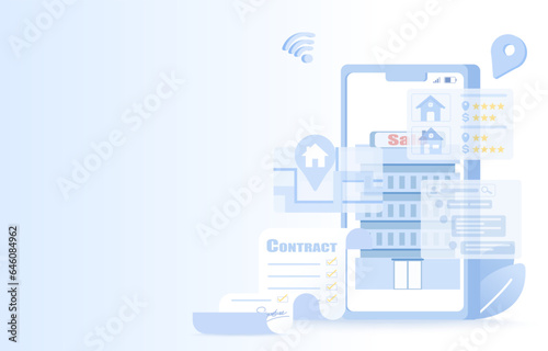 Real estate or mortgage concept. Review, search and explore property house or apartment using an online applications. Contract, deal, term and condition. Flat vector illustration with copy space.