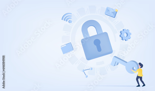 Safety and security technology concept. Business people holding big key to access account, personal detail, secure sensitive data from cyber-attack and other forms of online threats. 