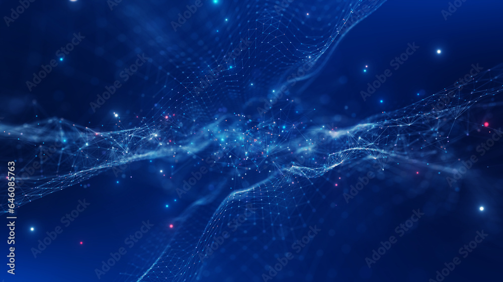 Abstract technology connected internet network with polygonal multicolored dots and lines with dark blue background. Digital cybersecurity protection and big data visualization. internet of things. - obrazy, fototapety, plakaty 