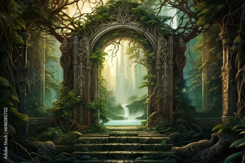Illustration of a gateway to a fantasy world, revealing an unknown and enchanting realm. Generative AI