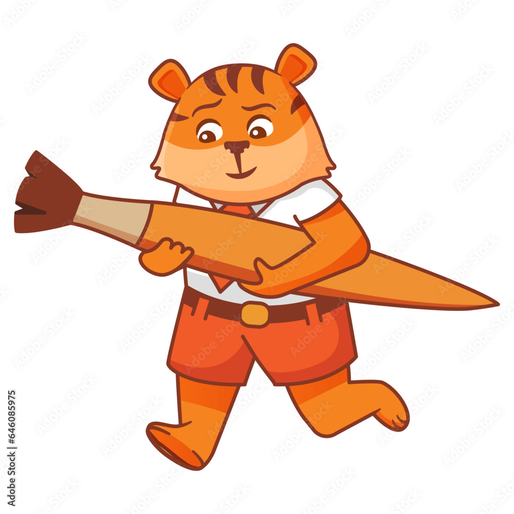 Fototapeta premium The joyful character of tiger runs with a paint brush in his hands.Cute animal student.Line art vector.Isolated on white background.