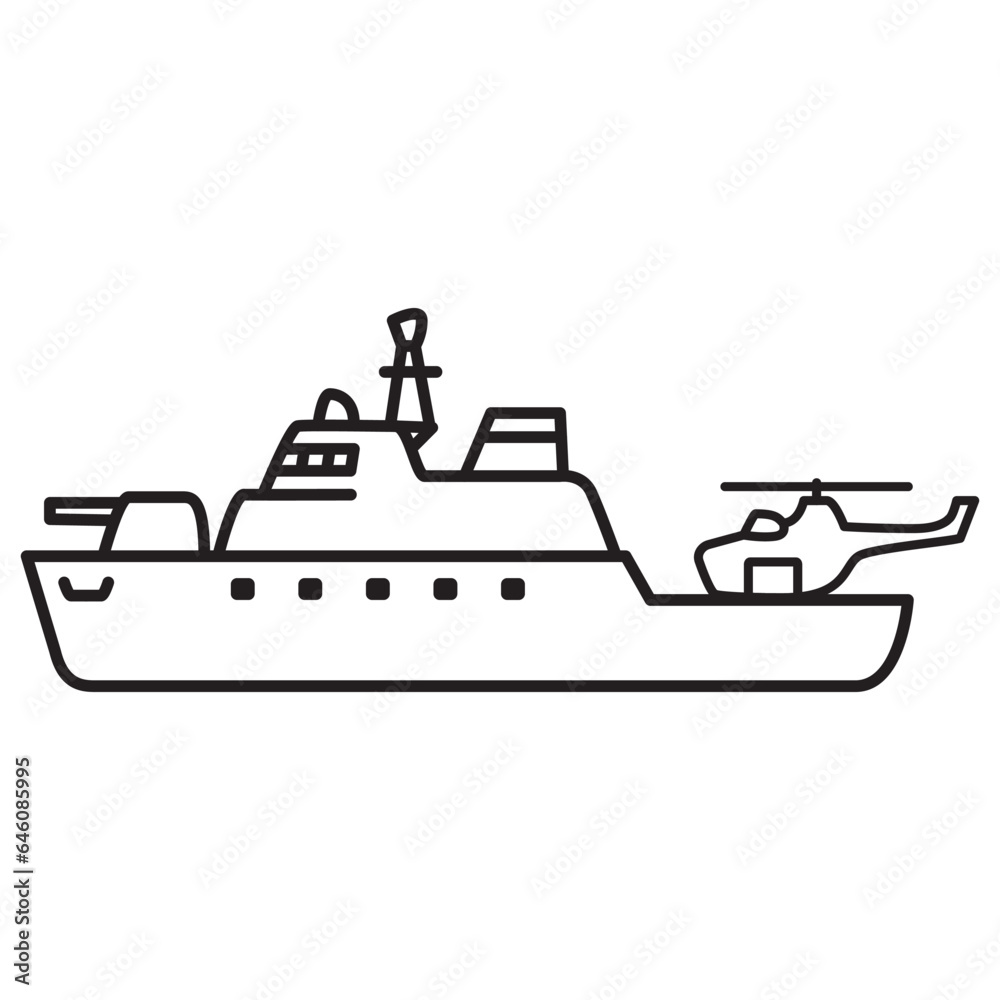 Military sea ship icon.Military boat.Navy battle ships.Outline vector illustration.Isolated on white background.Destroyer with helicopter.