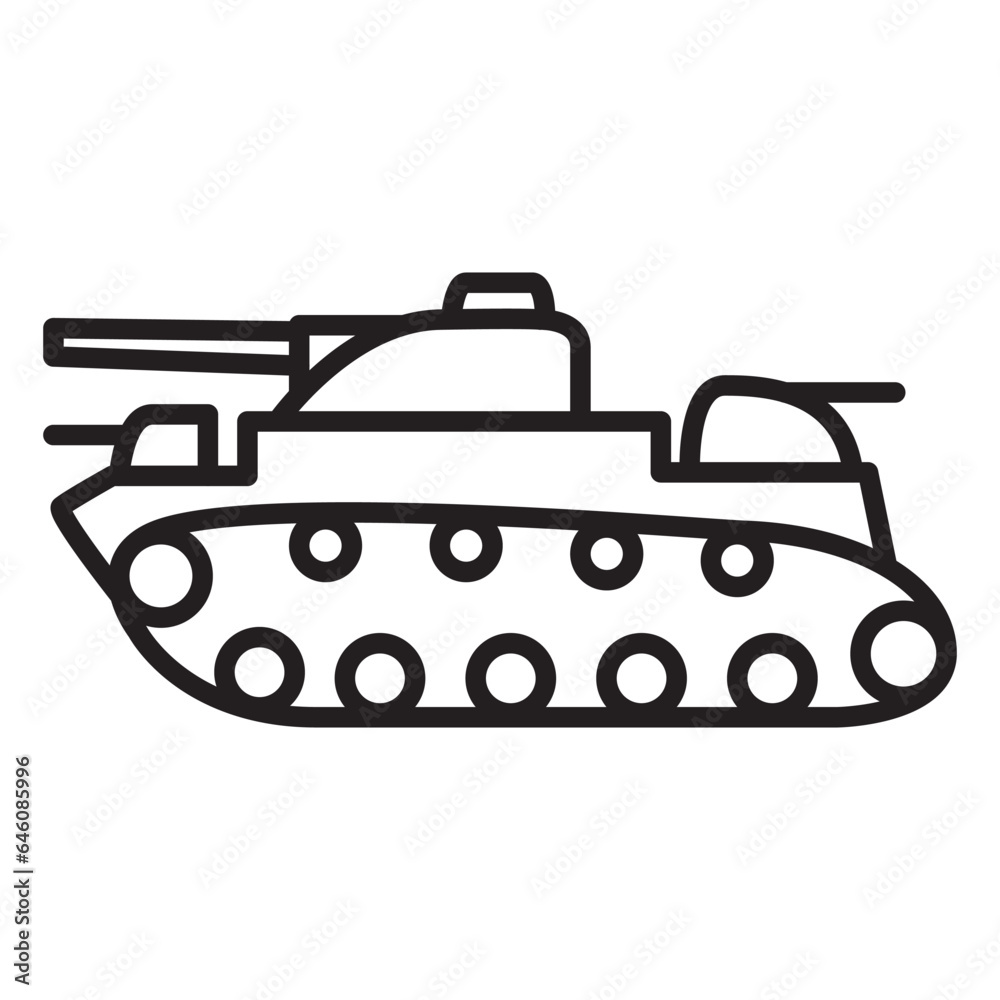 Military vehicle with gun. Armored vehicle.Weapons for modern warfare.Tank outline simple icon.Outline vector illustration.Isolated on white background.Armored personnel carrier.