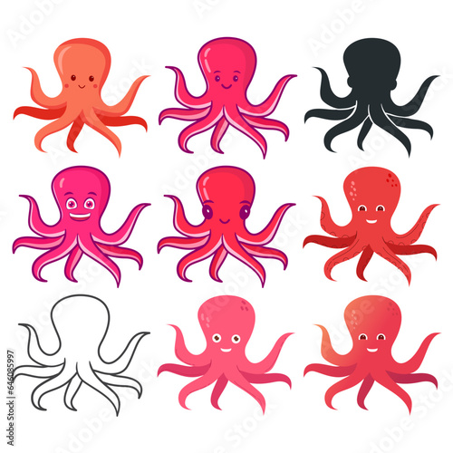 Set cute smiling octopus.Sea creatures .Sea life.Cute octopus cartoon.Aquatic fauna.Animal icon for zoo ad.Children book illustrating.Sea mollusk.