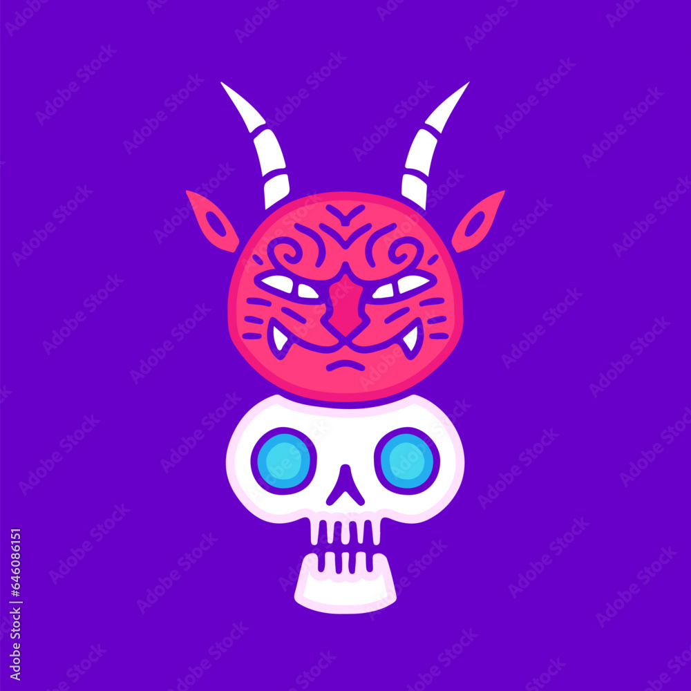 Devil and skull totem, illustration for t-shirt, sticker, or apparel merchandise. With doodle, retro, groovy, and cartoon style. Devil and skull totem, illustration for t-shirt, sticker, or apparel merchandise. With doodle, retro, groovy, and cartoon style.