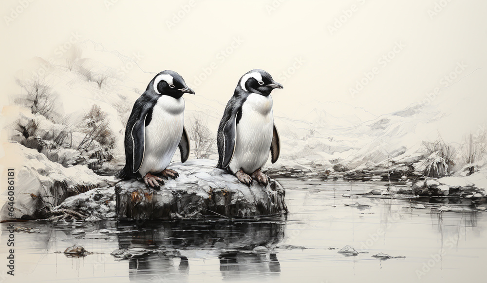 Naklejka premium Penguins in polar regions. AI generated