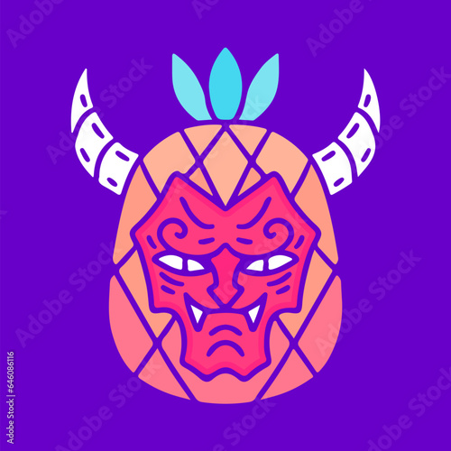 Devil head wearing pineapple mask, illustration for t-shirt, sticker, or apparel merchandise. With doodle, retro, groovy, and cartoon style.