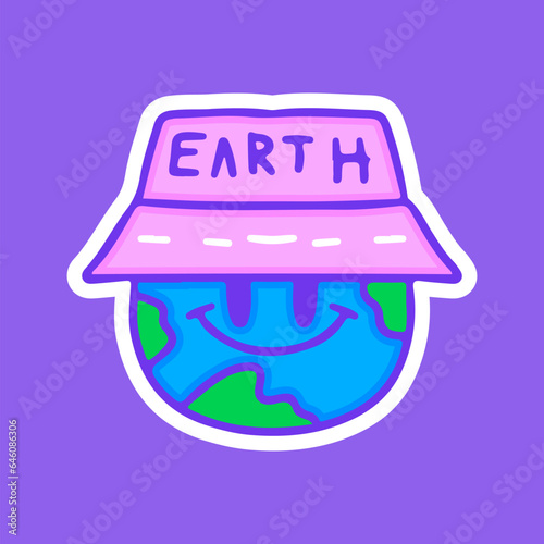 Cute earth planet character wearing bucket hat, illustration for t-shirt, sticker, or apparel merchandise. With doodle, retro, groovy, and cartoon style.