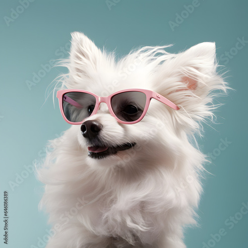 elegant shaggy white dog with sunglasses, modern design and light © Renata