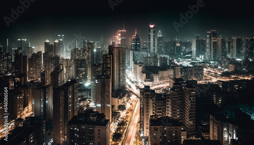 Modern city skyline glows blue in the dark night sky generated by AI