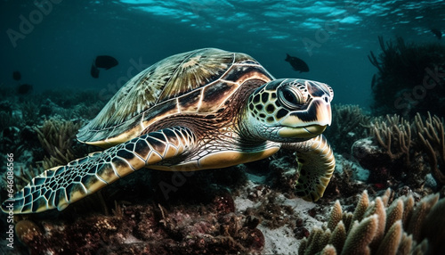 Swimming with endangered sea turtles in tranquil underwater paradise generated by AI