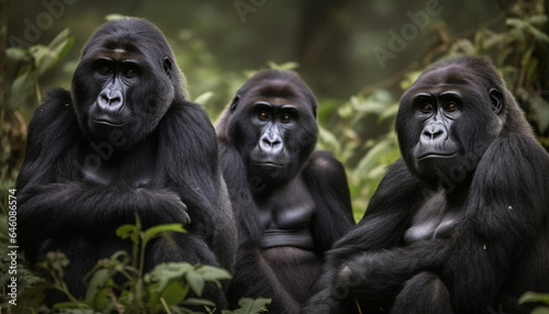 Primate portrait Endangered bonobo staring, sitting in African rainforest generated by AI © Stockgiu