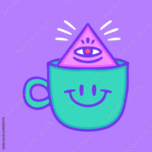 Funny cup character with one eye  pyramid symbol inside, illustration for t-shirt, sticker, or apparel merchandise. With doodle, retro, groovy, and cartoon style.