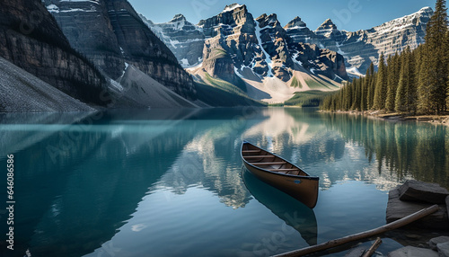 Tranquil scene of majestic mountain range reflected in tranquil water generated by AI
