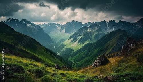Majestic mountain range, panoramic view, tranquil meadow, autumn colors generated by AI