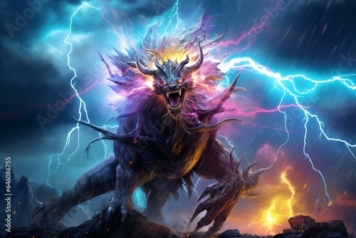 Colorful depiction of a creature amid electric storm. Generative AI