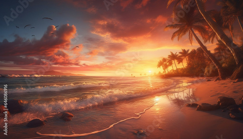 Tranquil sunset over tropical coastline, reflecting multi colored beauty in nature generated by AI