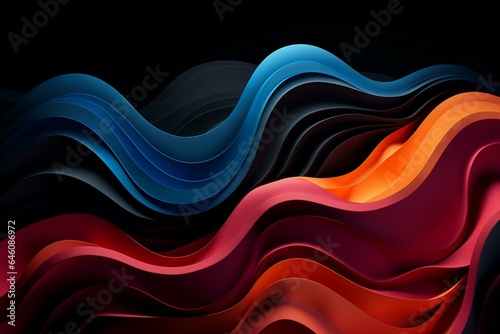 Vibrant waves, surreal design on black backdrop. Generative AI