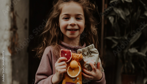Cute girl smiling  holding fruit gift  enjoying sweet autumn snack generated by AI